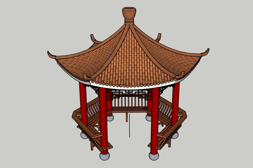 中式六角亭美人靠SU模型 SU模型免费下载_sketchup模型