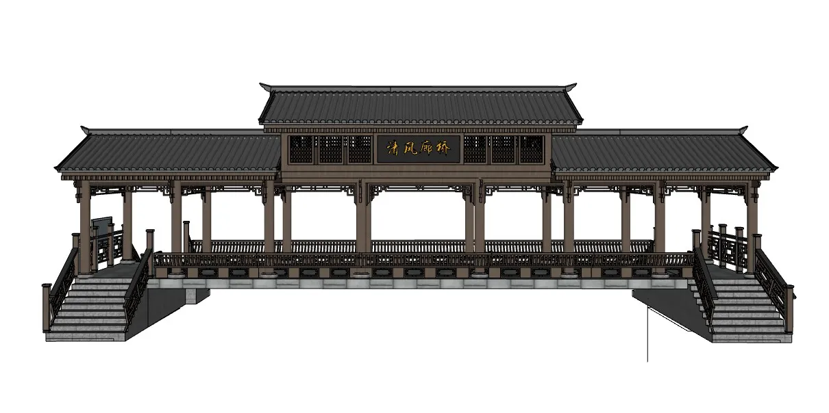 清风廊桥中式廊桥SU模型 SU模型免费下载_sketchup模型
