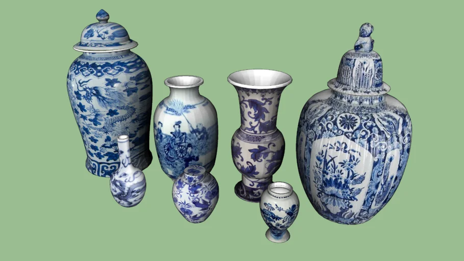 青花瓷器组合SU模型 SU模型免费下载_sketchup模型