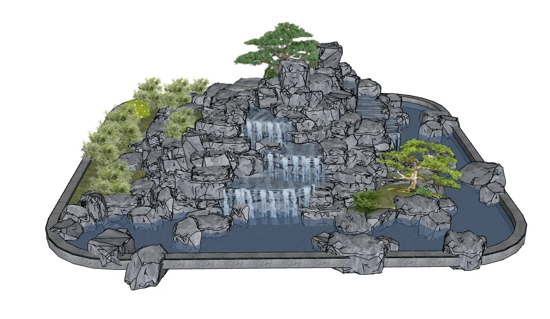 假山跌水庭院水景SU模型 SU模型免费下载_sketchup模型