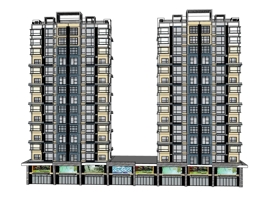 高层住宅楼居住区带商铺SU模型 SU模型免费下载_sketchup模型