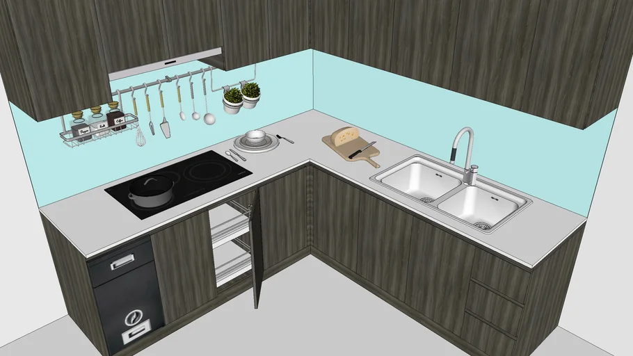 深木纹L型厨房橱柜SU模型 SU模型免费下载_sketchup模型