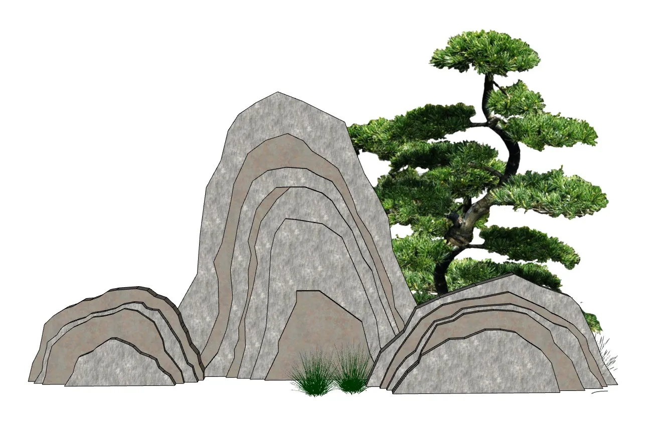 新中式置石松景SU模型 SU模型免费下载_sketchup模型