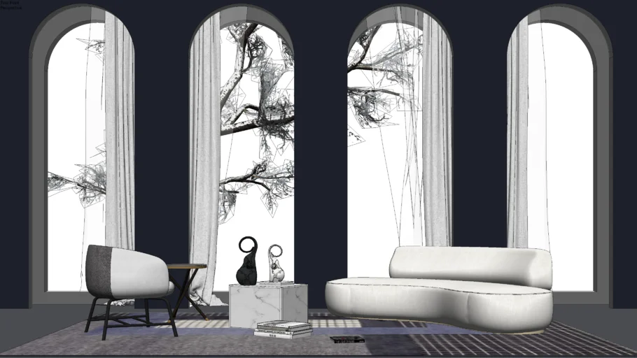 极简弧形窗会客厅SU模型 SU模型免费下载_sketchup模型