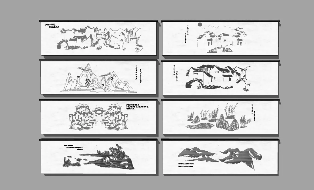 江南水墨墙绘组合SU模型 SU模型免费下载_sketchup模型