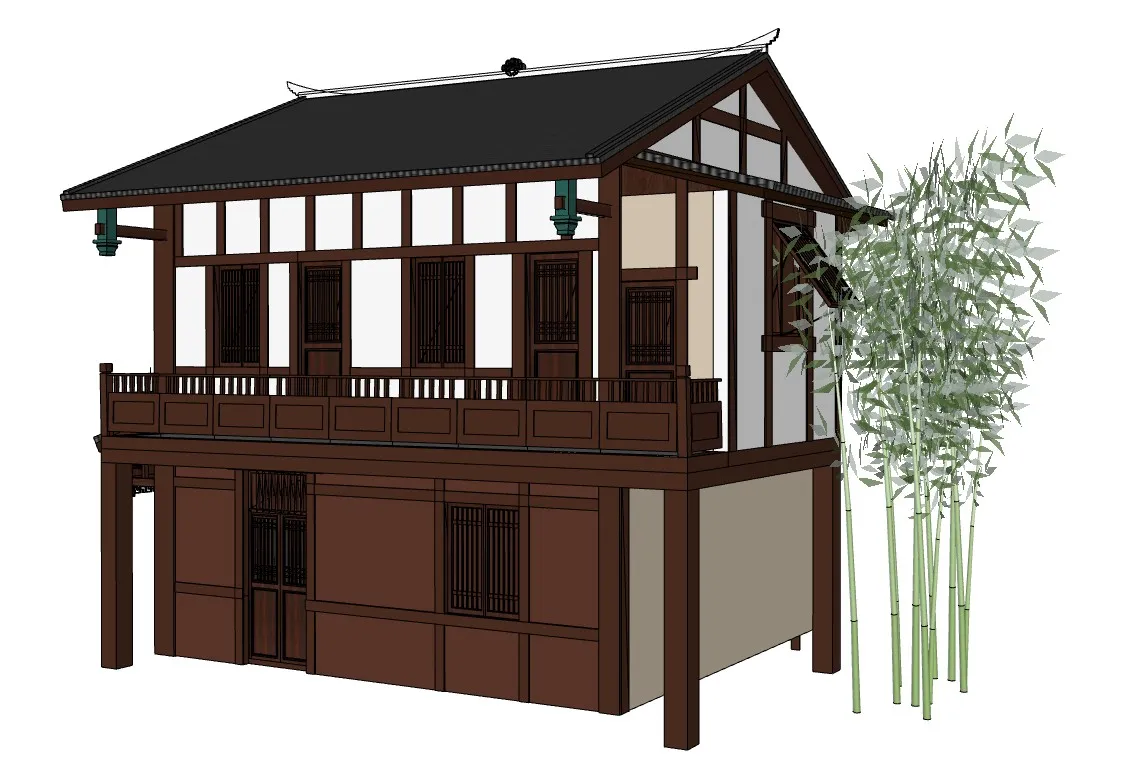 中式乡村木构民居SU模型 SU模型免费下载_sketchup模型