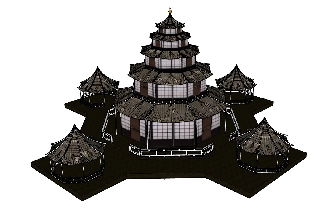 日式五重塔配亭组景SU模型 SU模型免费下载_sketchup模型