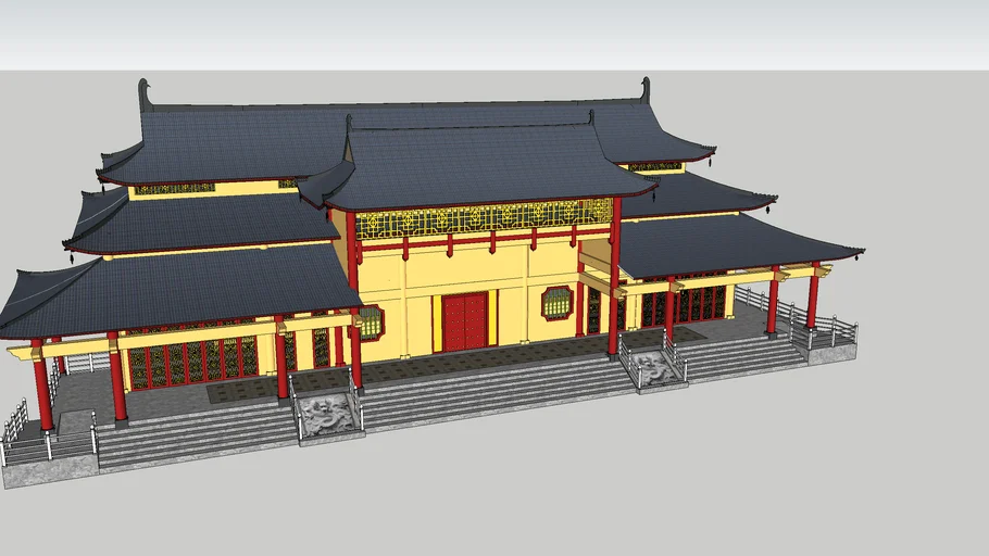 中式重檐寺院大殿SU模型 SU模型免费下载_sketchup模型