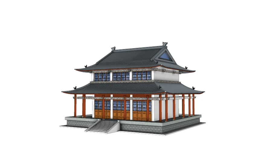 中式两层重檐楼阁SU模型 SU模型免费下载_sketchup模型