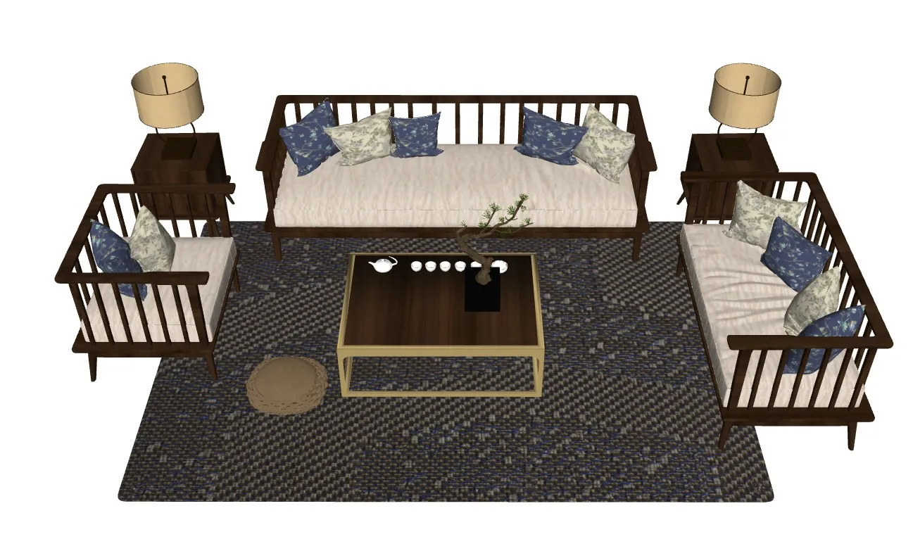 新中式实木沙发组SU模型 SU模型免费下载_sketchup模型