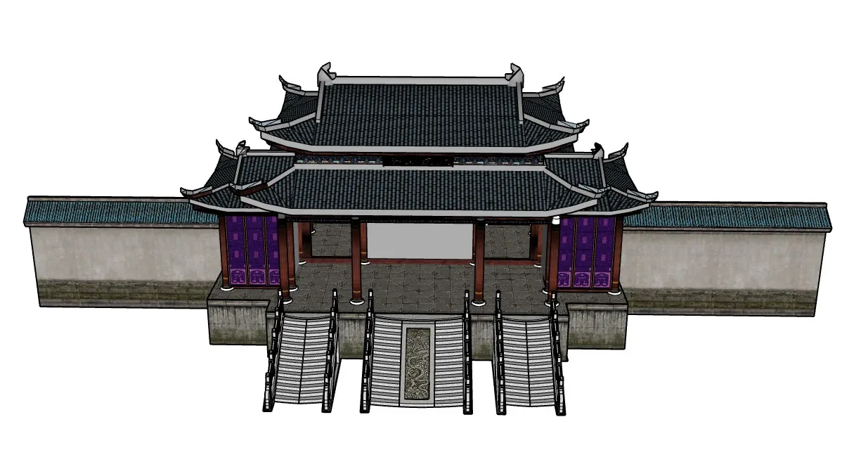 道观山门中式古建筑SU模型 SU模型免费下载_sketchup模型