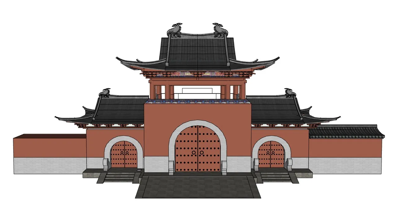 三开道观寺庙山门SU模型 SU模型免费下载_sketchup模型