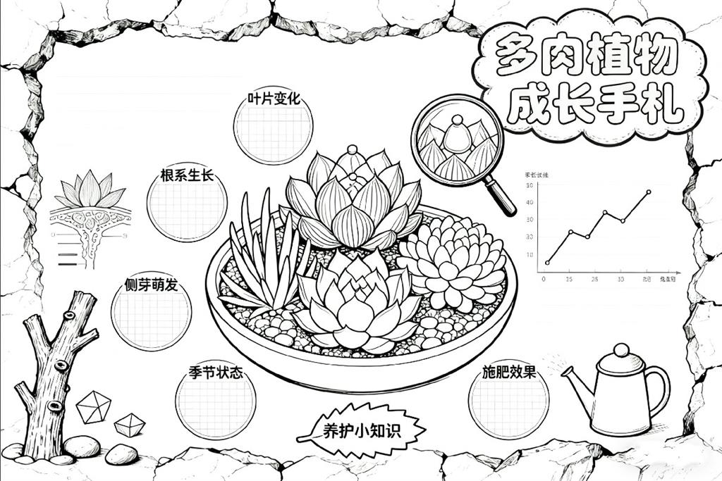 手抄报：多肉植物生长日记线稿图