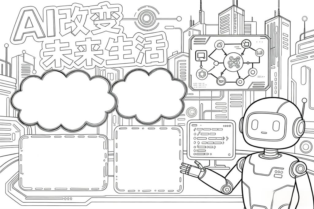 AI改变未来生活小报手抄报线稿图