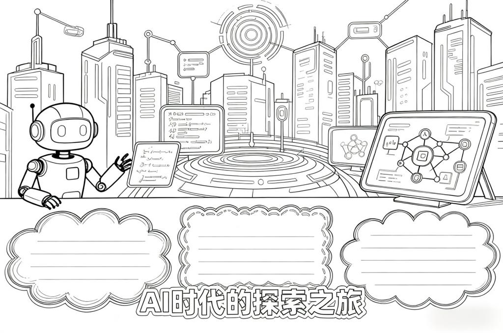 AI时代的探索之旅小报手抄报线稿图