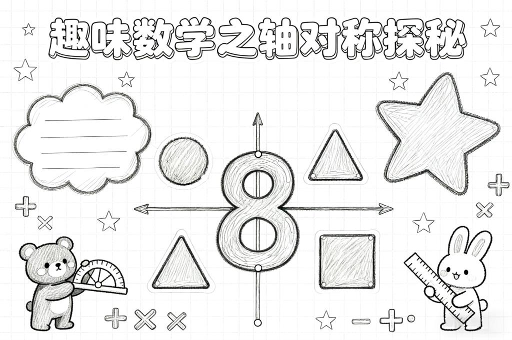 趣味数学卡通手绘轴对称小报手抄报线稿图