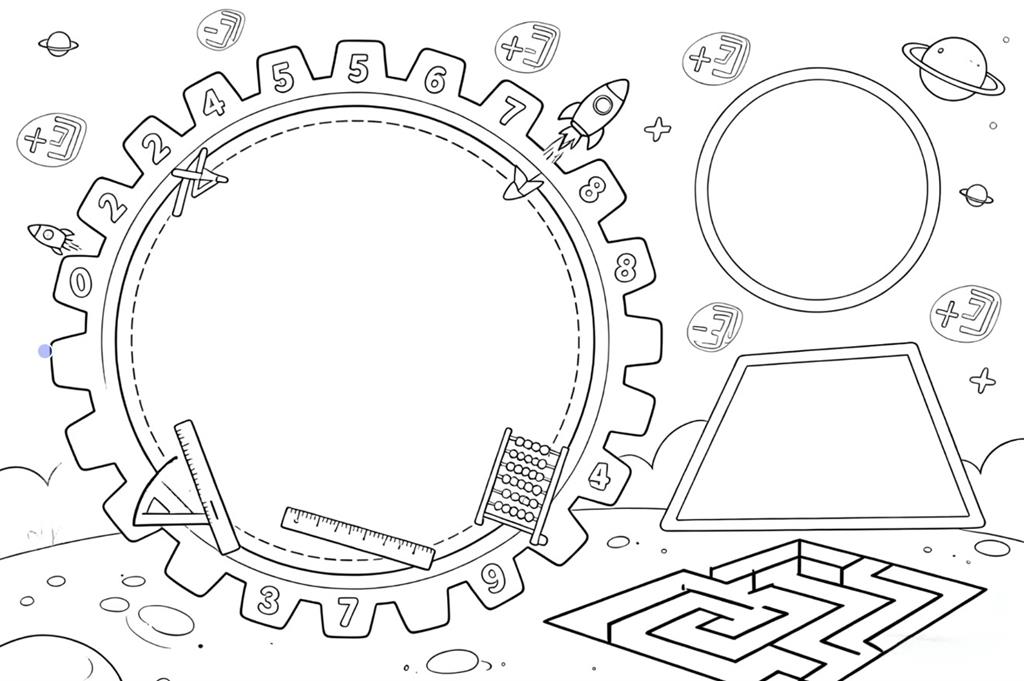 趣味数学卡通手绘数学空白手抄报线稿图