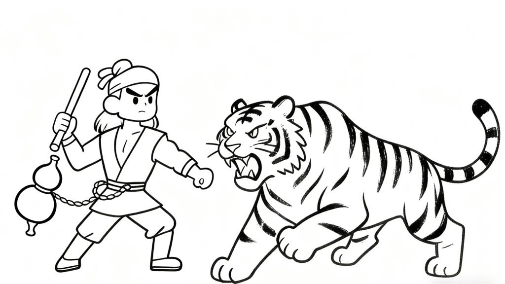 简笔画:水浒传武松打老虎线稿图