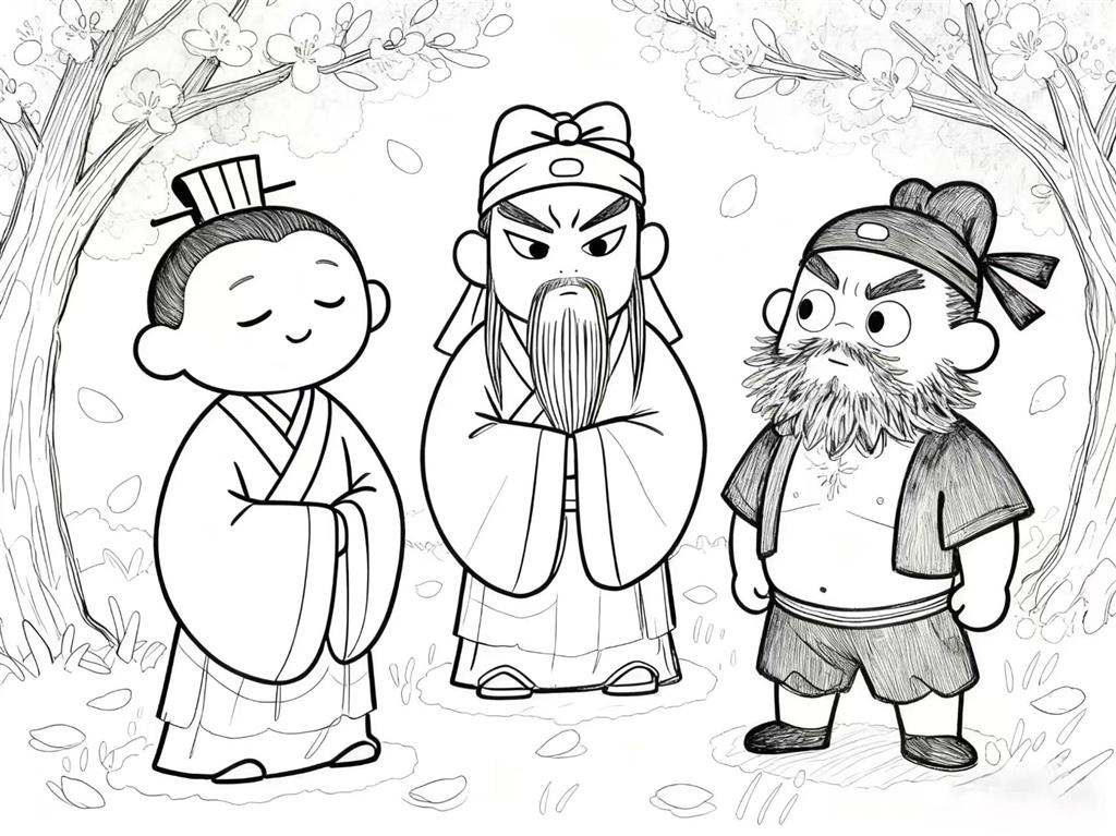 简笔画:刘关张桃园三结义线稿图