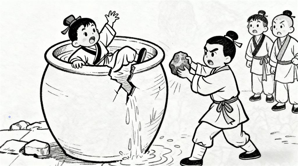 简笔画:司马光砸缸线稿图