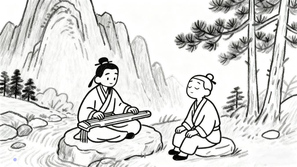 简笔画:高山流水‌-俞伯牙与钟子期知音相惜，喻知音难求线稿图