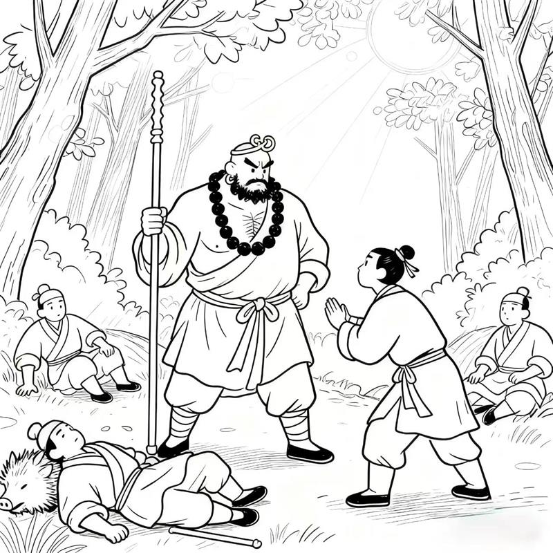 简笔画:鲁智深花和尚野猪林救林冲线稿图