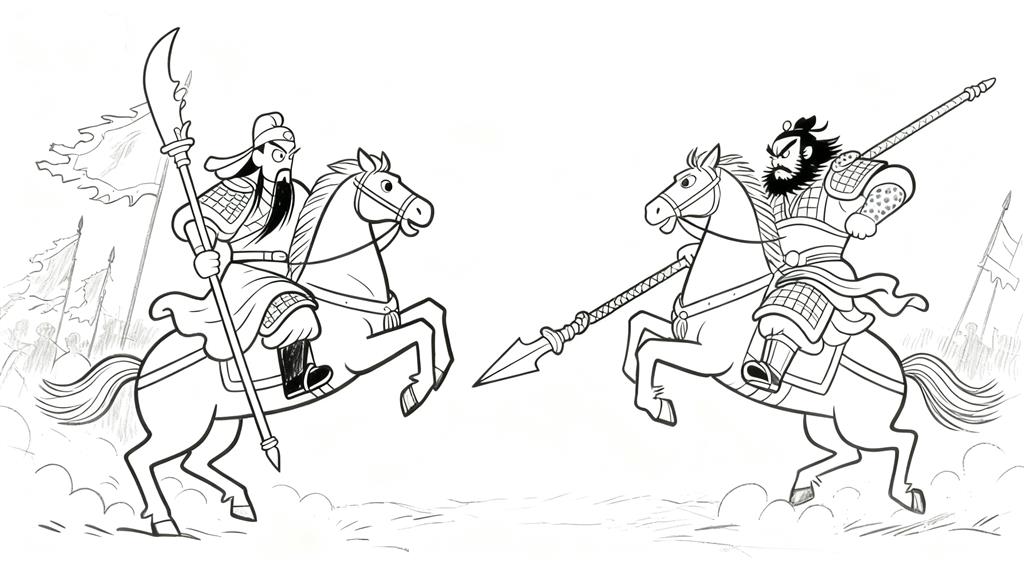 简笔画:张飞因误以为关羽投降曹操（兄弟对战）线稿图