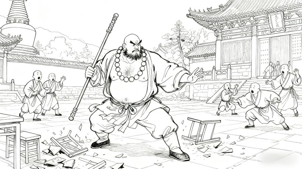 简笔画:鲁智深大闹五台山，不守清规戒律。线稿图