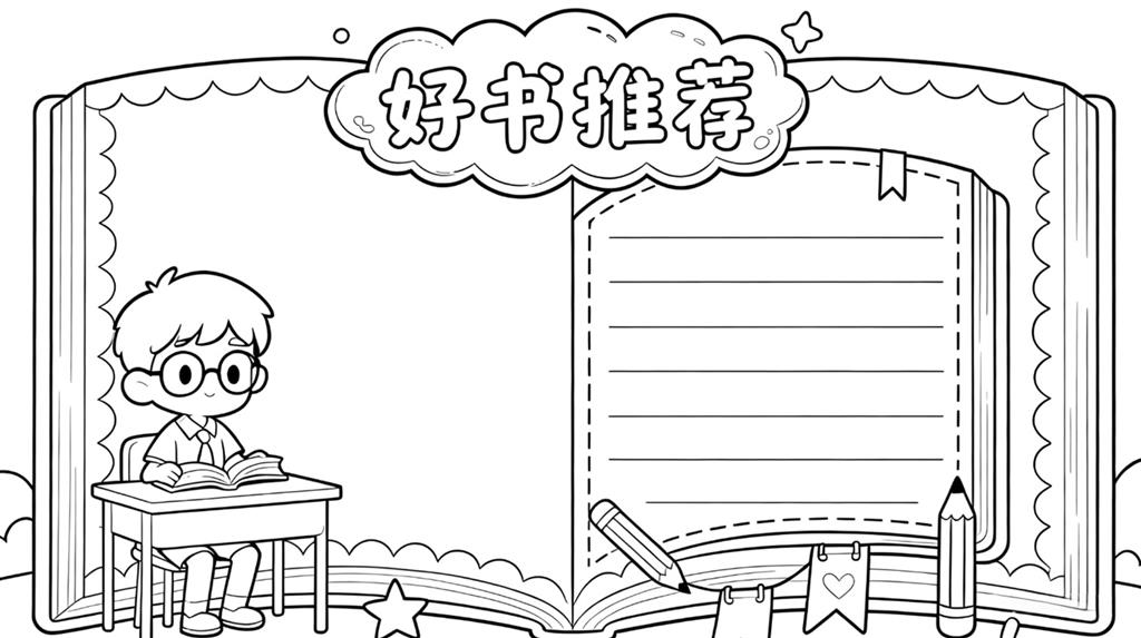 手抄报:卡通手绘好书推荐线稿图