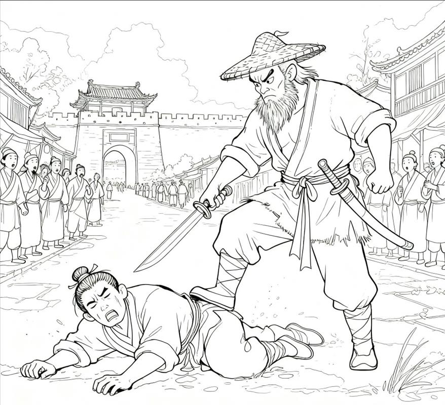 水彩画:水浒杨志卖宝刀遇到无赖线稿图