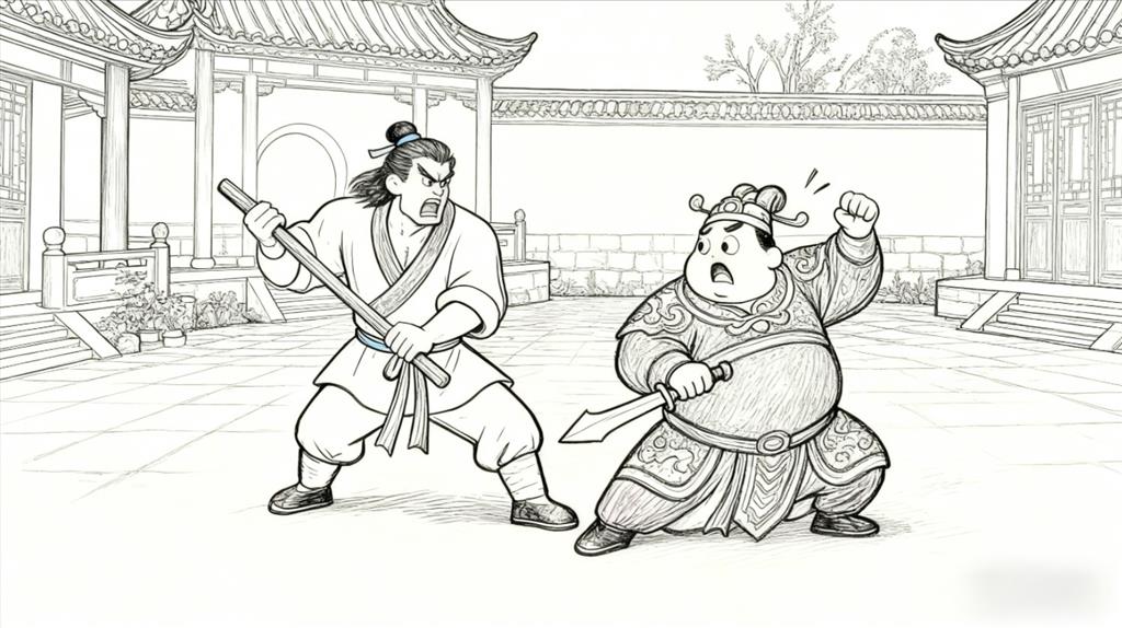 简笔画:Q版武松斗西门庆线稿图