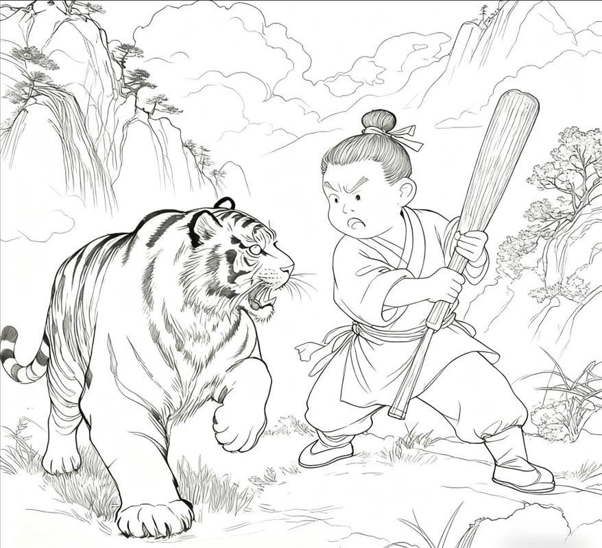简笔画:景阳冈武松打虎线稿图