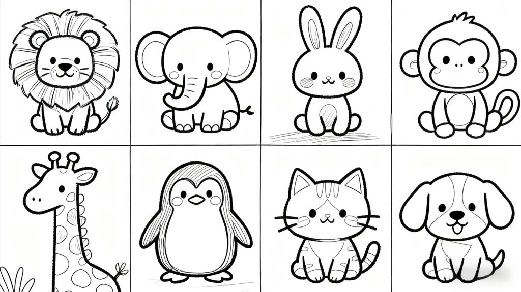 简笔画:九宫格Q版本卡通动物线稿图