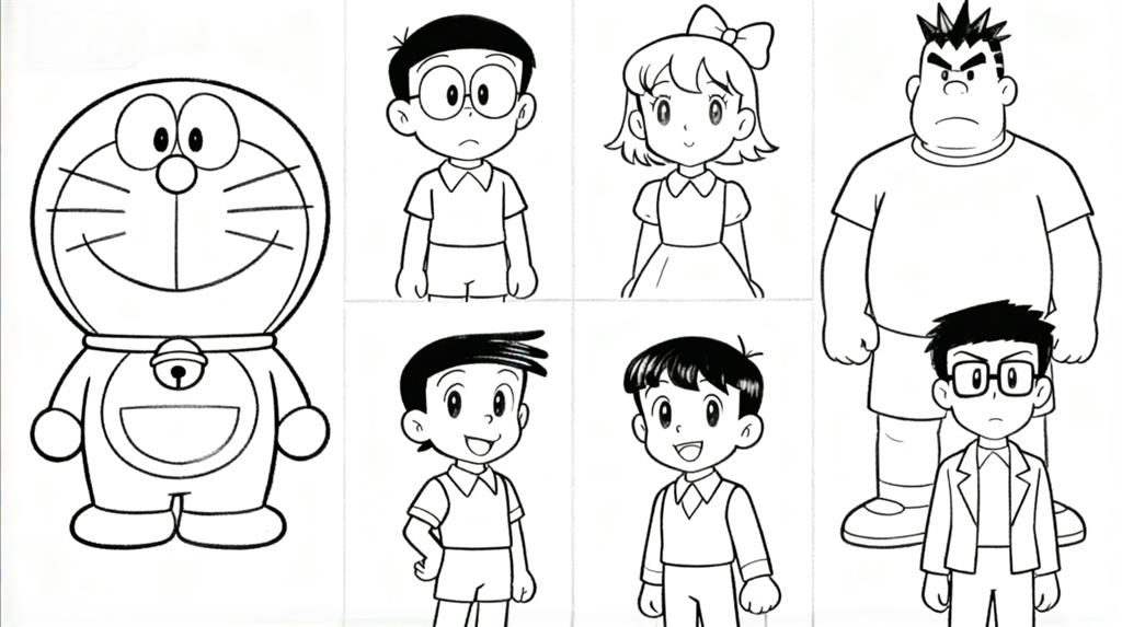 简笔画:六宫格哆啦A梦人物集合线稿图