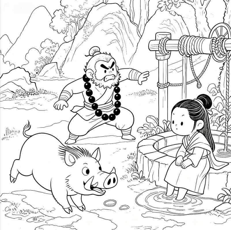 简笔画:鲁智深大闹野猪林救人线稿图