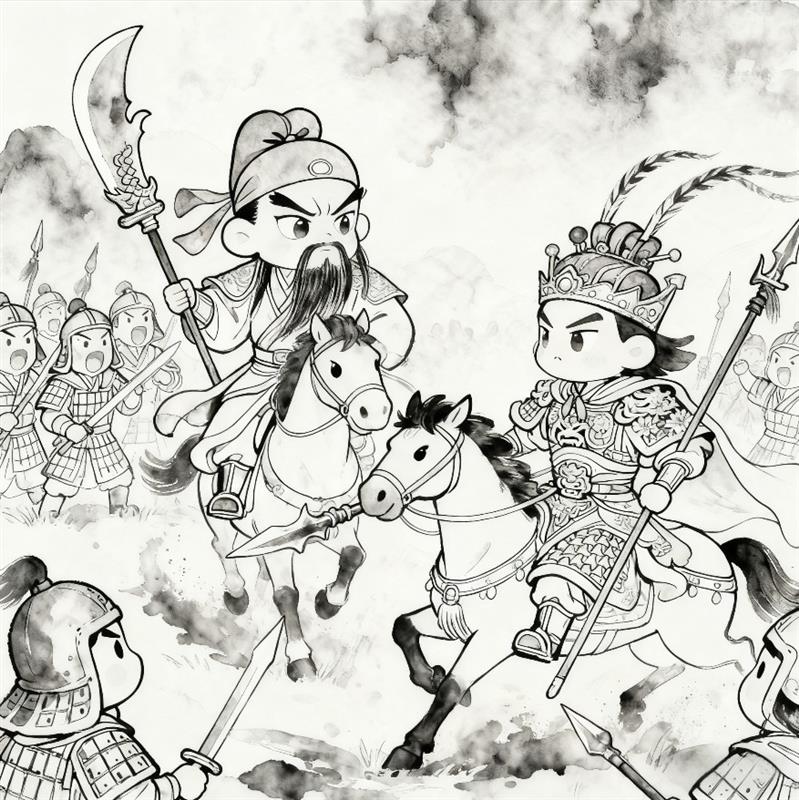简笔画:三英战吕布之关羽吕布篇线稿图