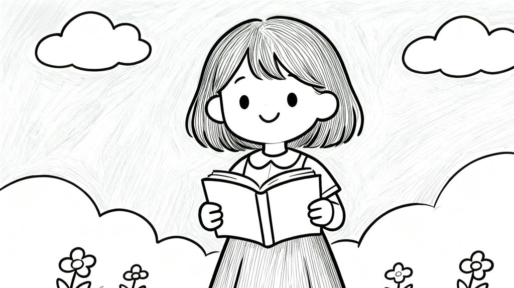 简笔画:卡通女孩沉浸读书线稿图