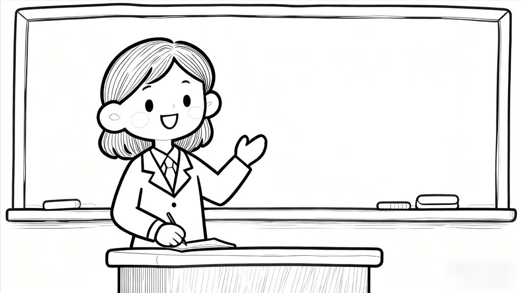 简笔画:卡通老师人物黑板背景线稿图