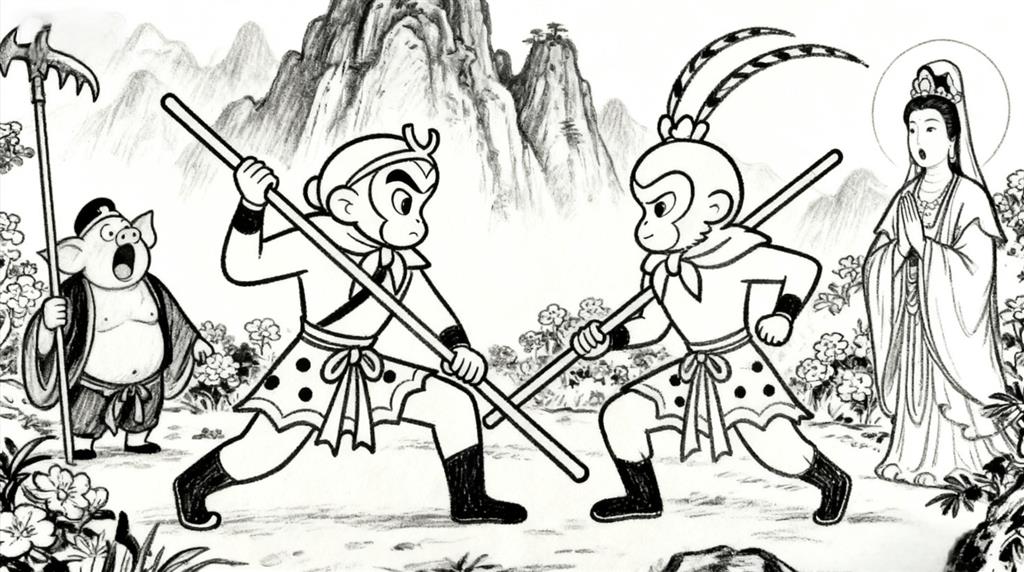 简笔画:西游记之真假美猴王线稿图