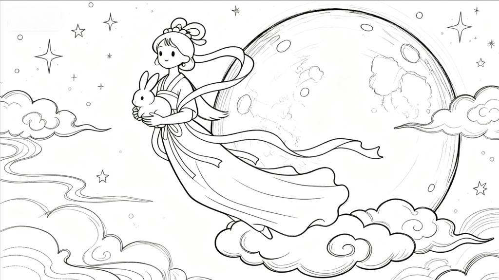 简笔画:嫦娥奔月绘画线稿图