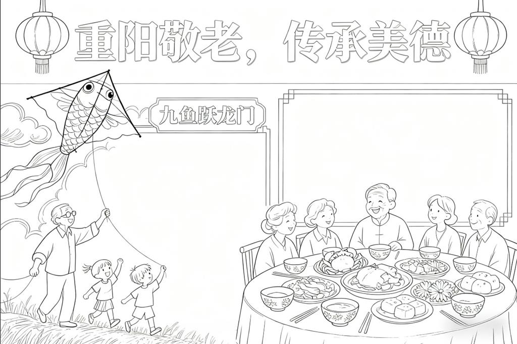 手抄报:九九重阳节小报手抄报线稿图