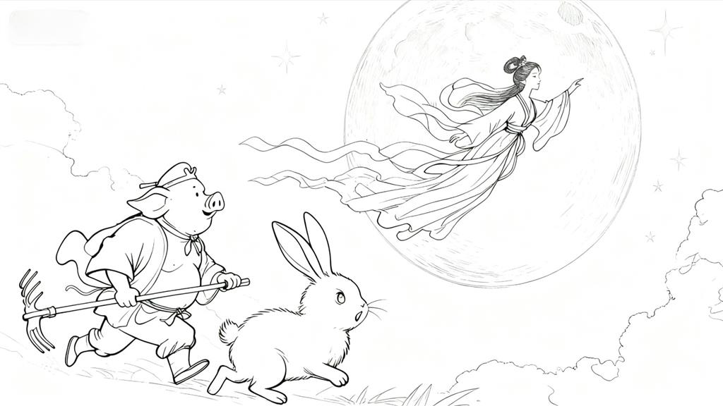 简笔画:嫦娥奔月,猪八戒追赶篇线稿图