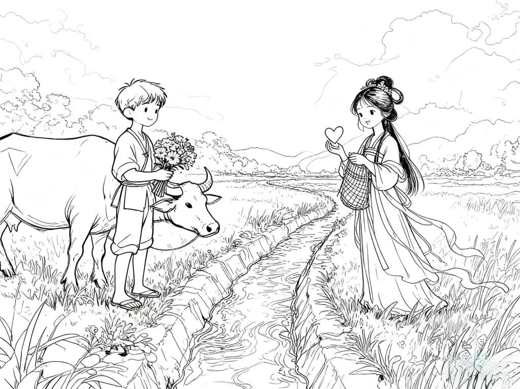 简笔画:牛郎织女的神话故事线稿图