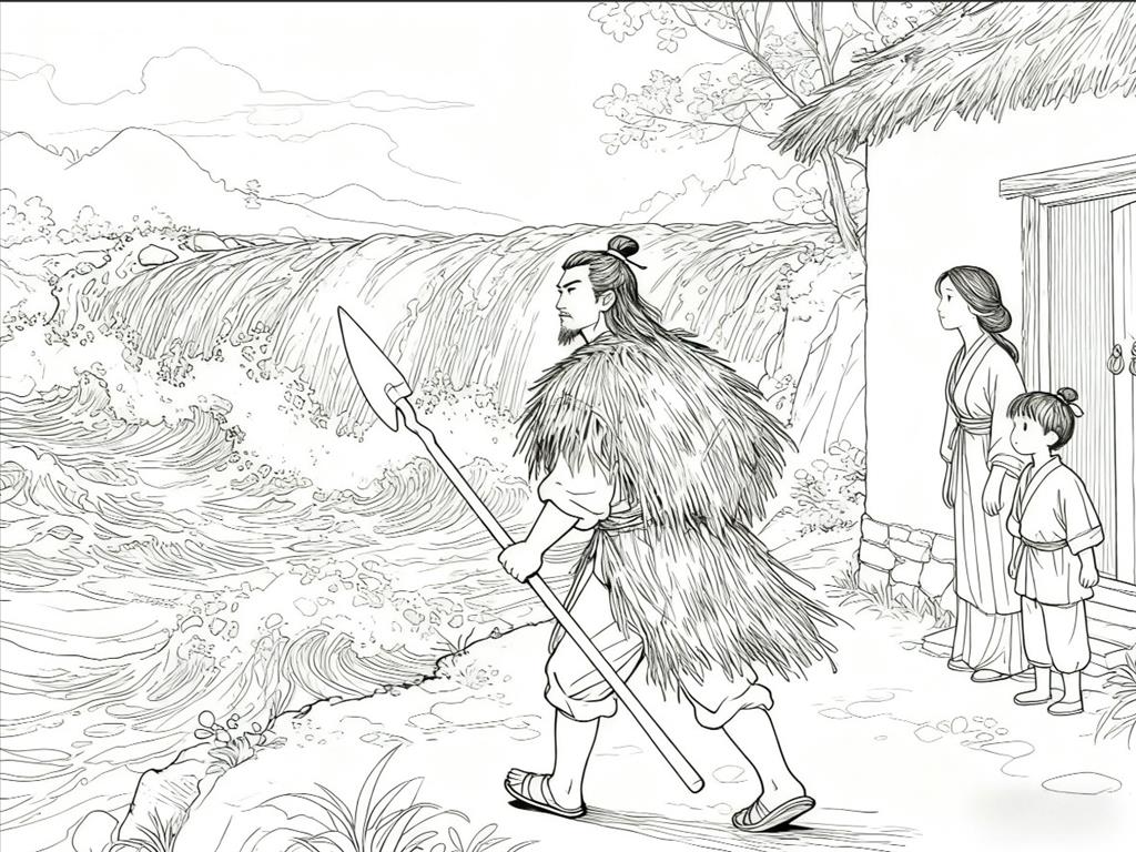 简笔画: 大禹治水：大禹为了治理洪水，三过家门而不入。线稿图