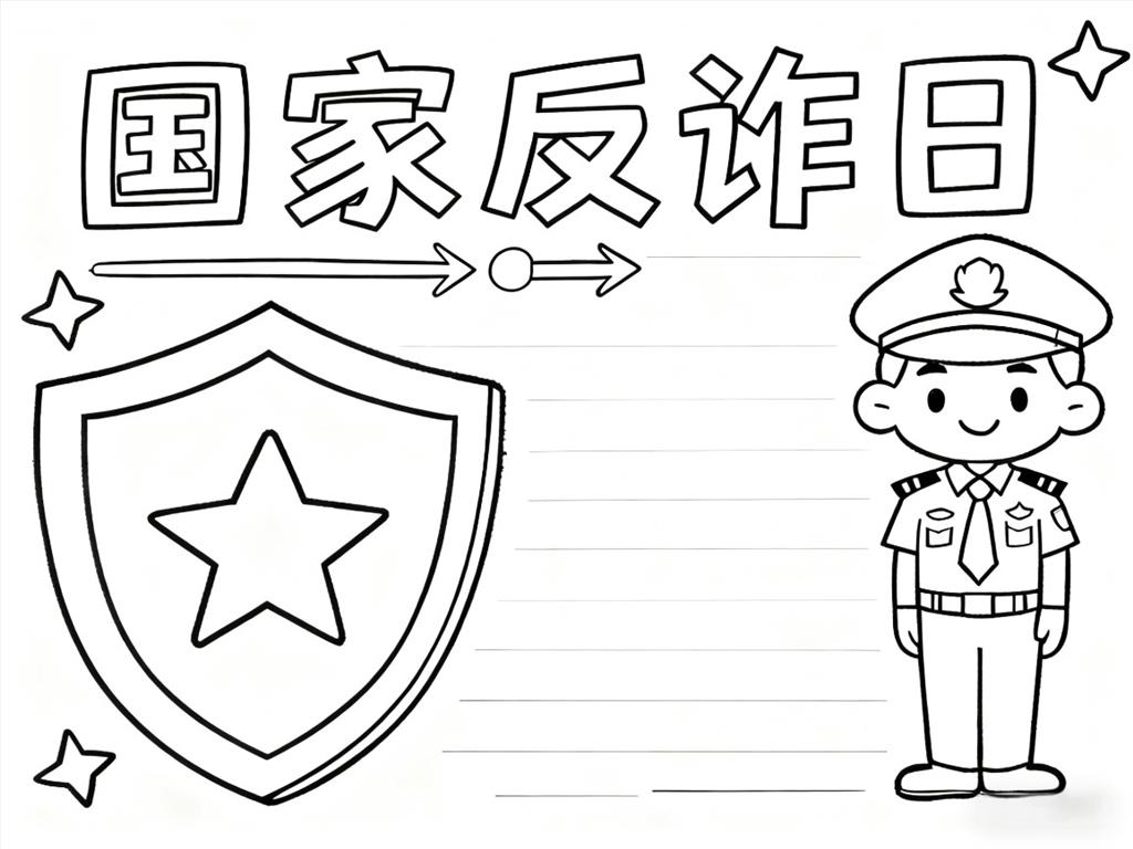 手抄报:卡通全国反诈日小报手线稿图