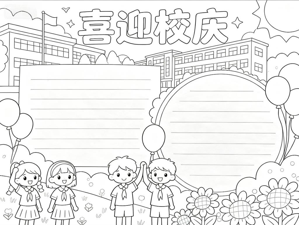 手抄报:卡通喜迎校庆小报手线稿图