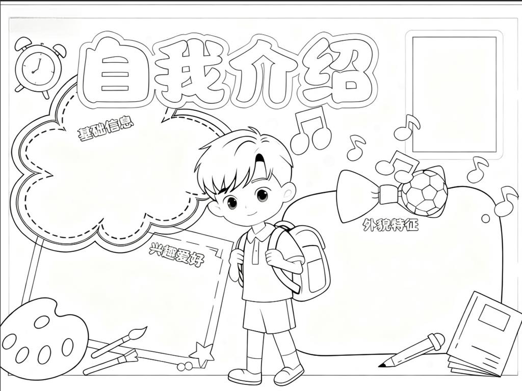 手抄报:小学生幼儿园自我介绍小报线稿图