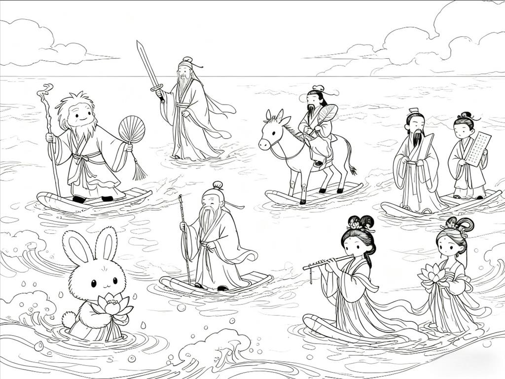 简笔画:八仙过海，各显神通线稿图