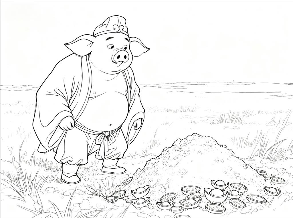 简笔画:天蓬元帅猪八戒之此地无银三百两线稿图