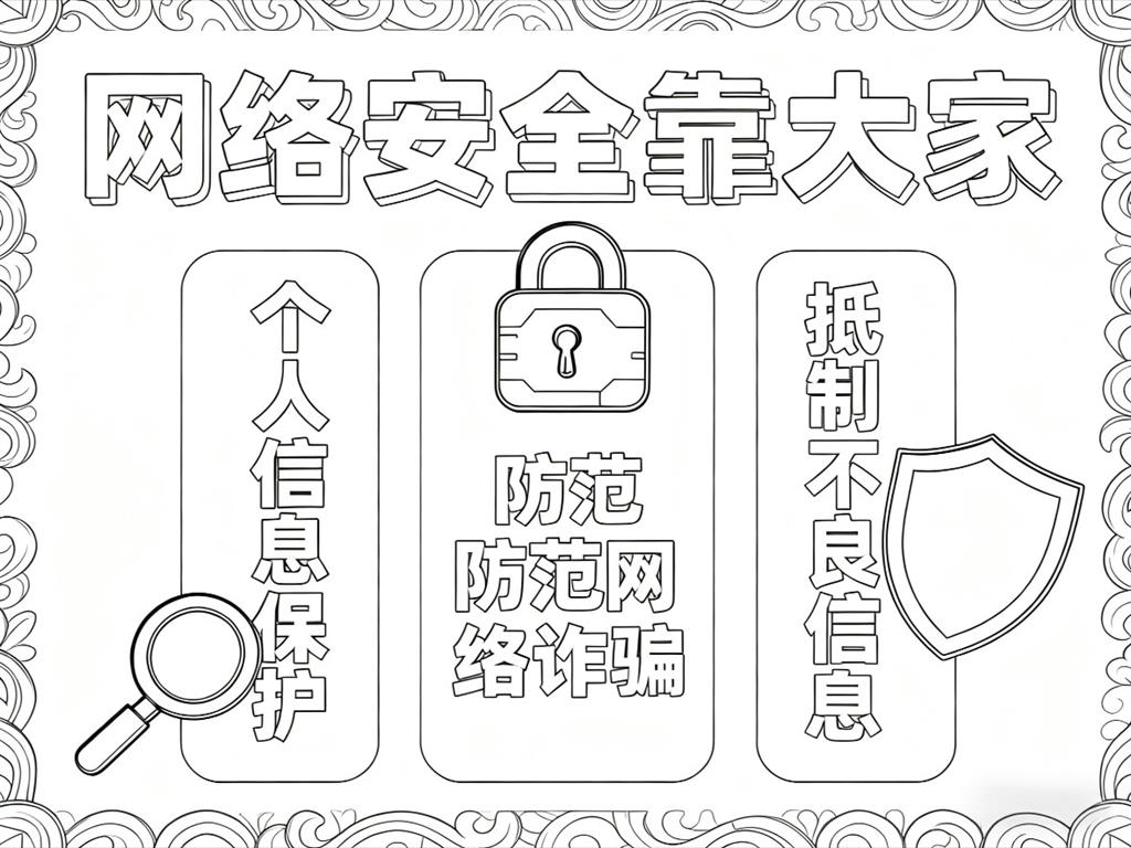 手抄报:网络安全靠大家线稿图